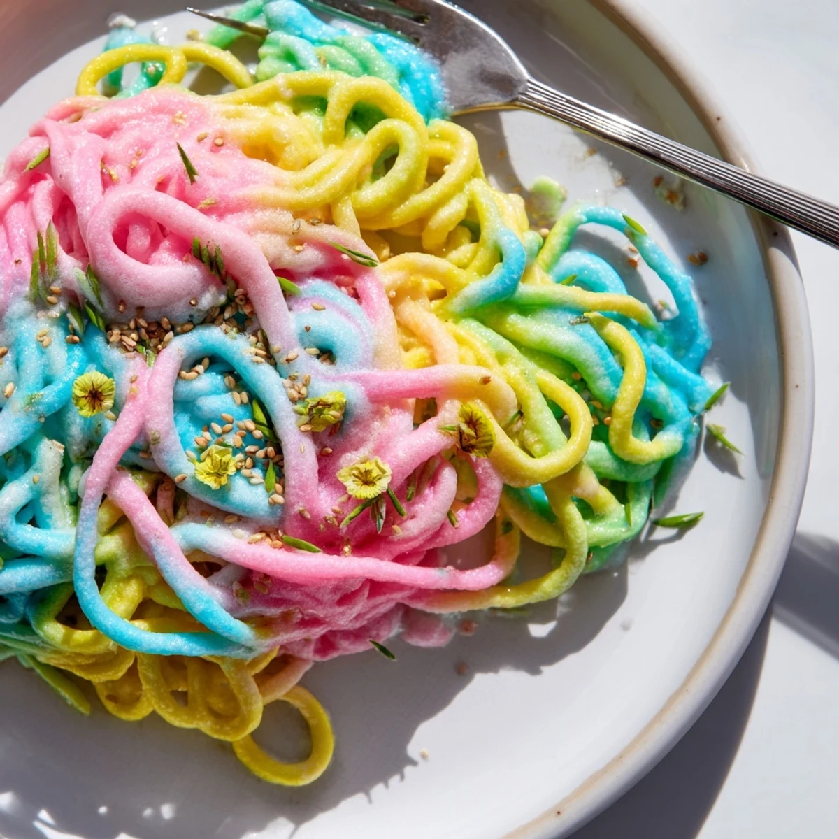 Vibrant Neon Noodle Cloud dish with colorful noodles in creamy sauce, perfect for parties.  