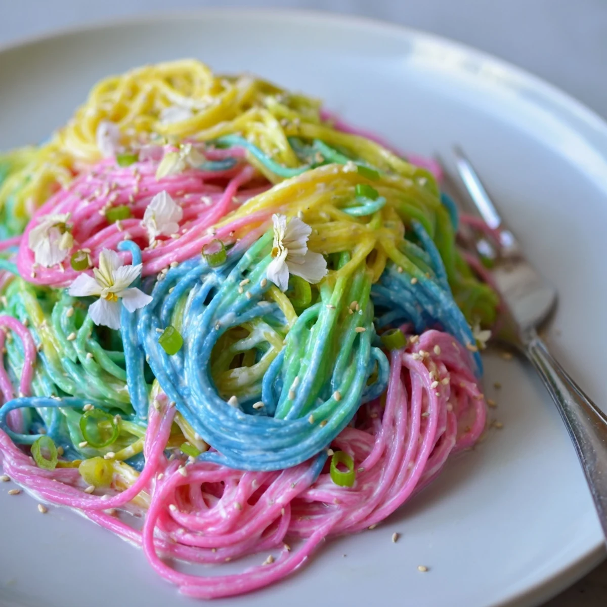 Delicious Neon Noodle Cloud, showcasing colorful noodles swirled in a dreamy, rich sauce.