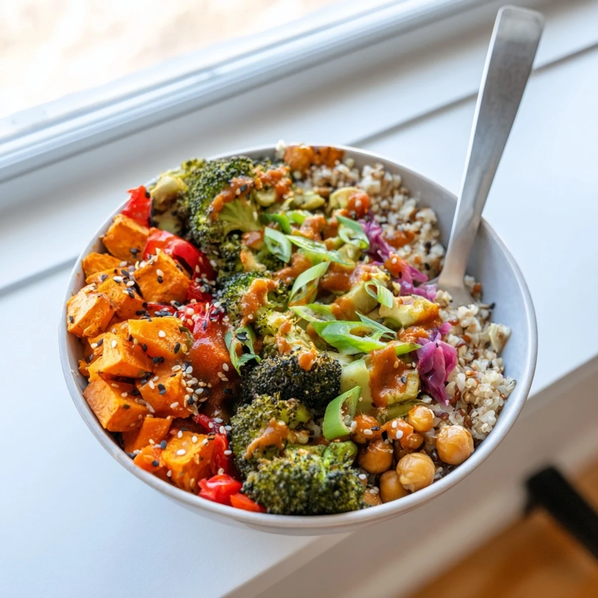 Vibrant Bold Sauce Drizzle Bowls topped with colorful roasted vegetables and protein options.  