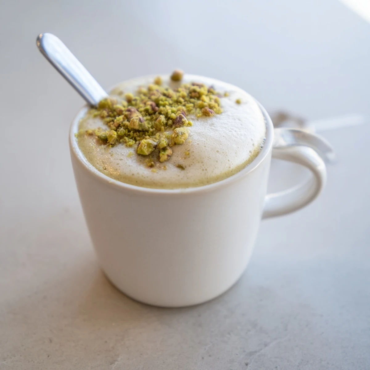 Creamy pistachio milk latte topped with crushed nuts, perfect for cozy mornings.  