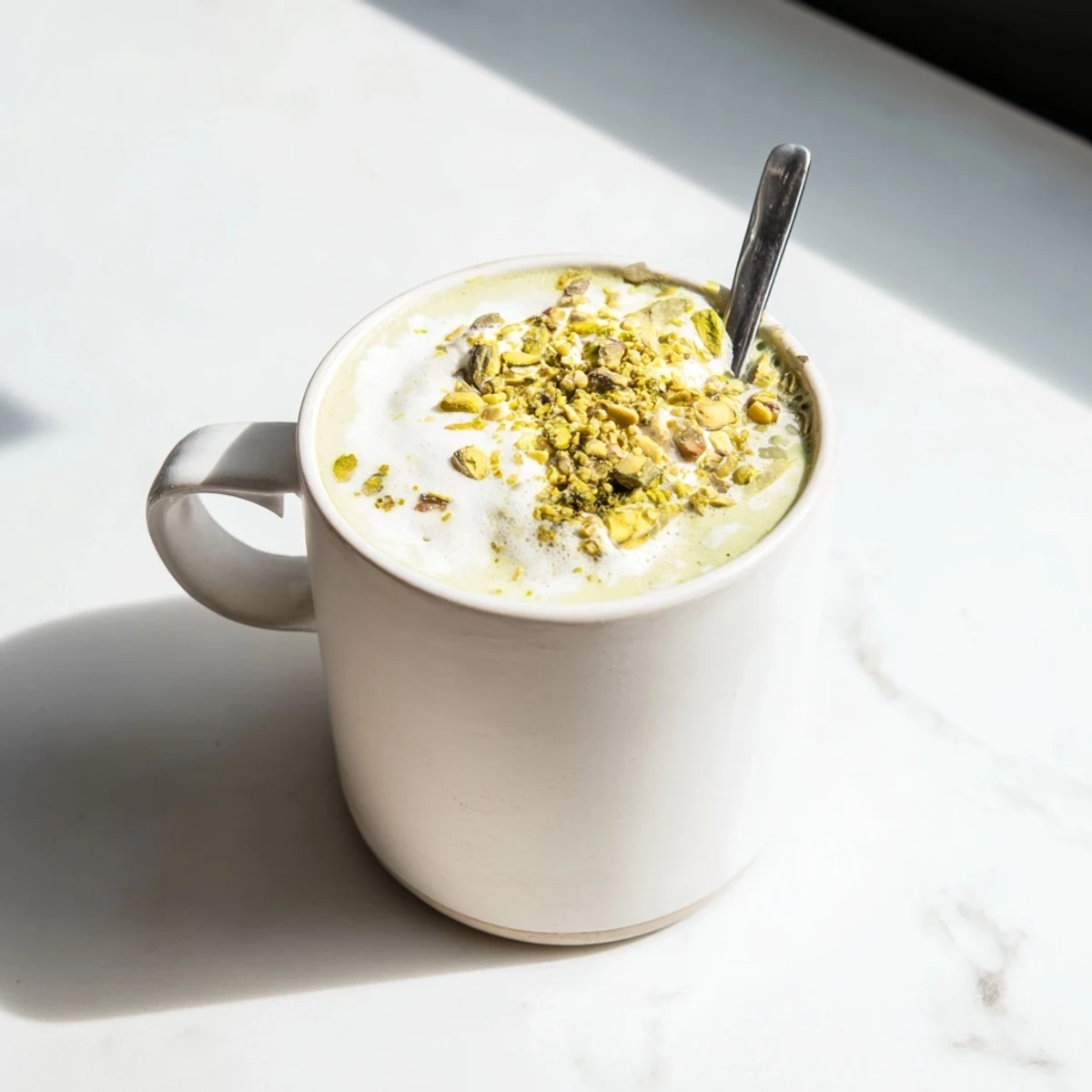 Delicious homemade pistachio milk latte, a nutty coffeehouse favorite, garnished beautifully.  