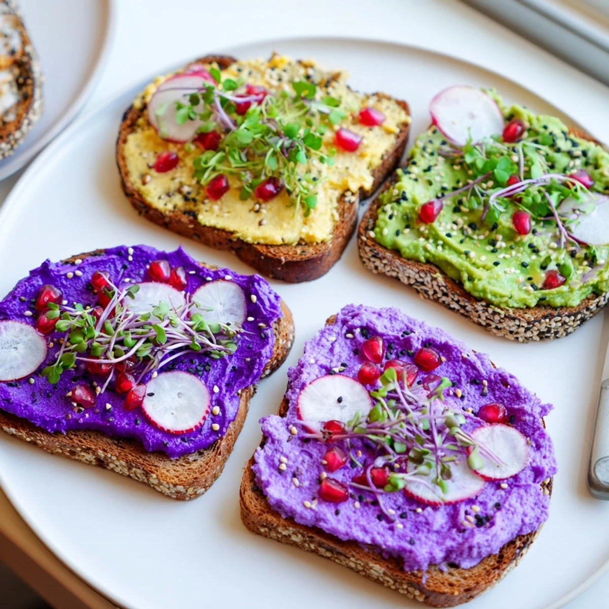 Colorful breakfast toasts showcasing ube and fresh ingredients for a lively morning.  