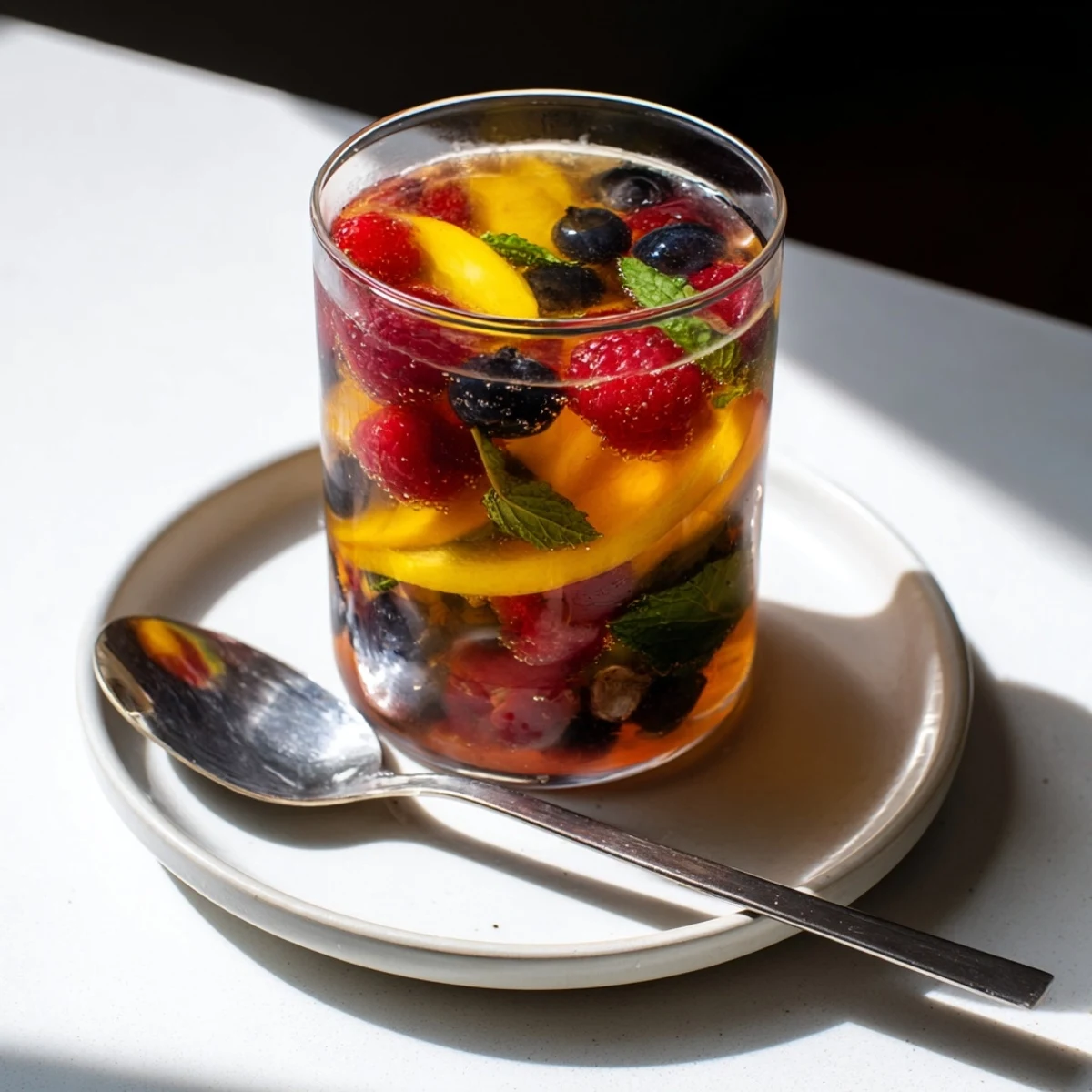 A vibrant array of homemade kombucha-style mocktails garnished with fresh fruits and herbs.  