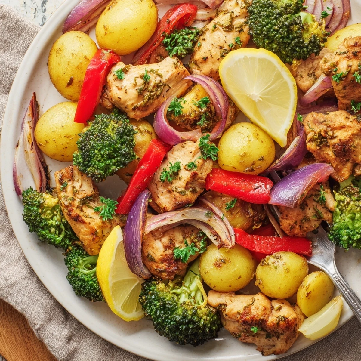 Juicy Lazy Gourmet Chicken & Vegetable One-Pot dish, featuring vibrant broccoli and red bell pepper.  