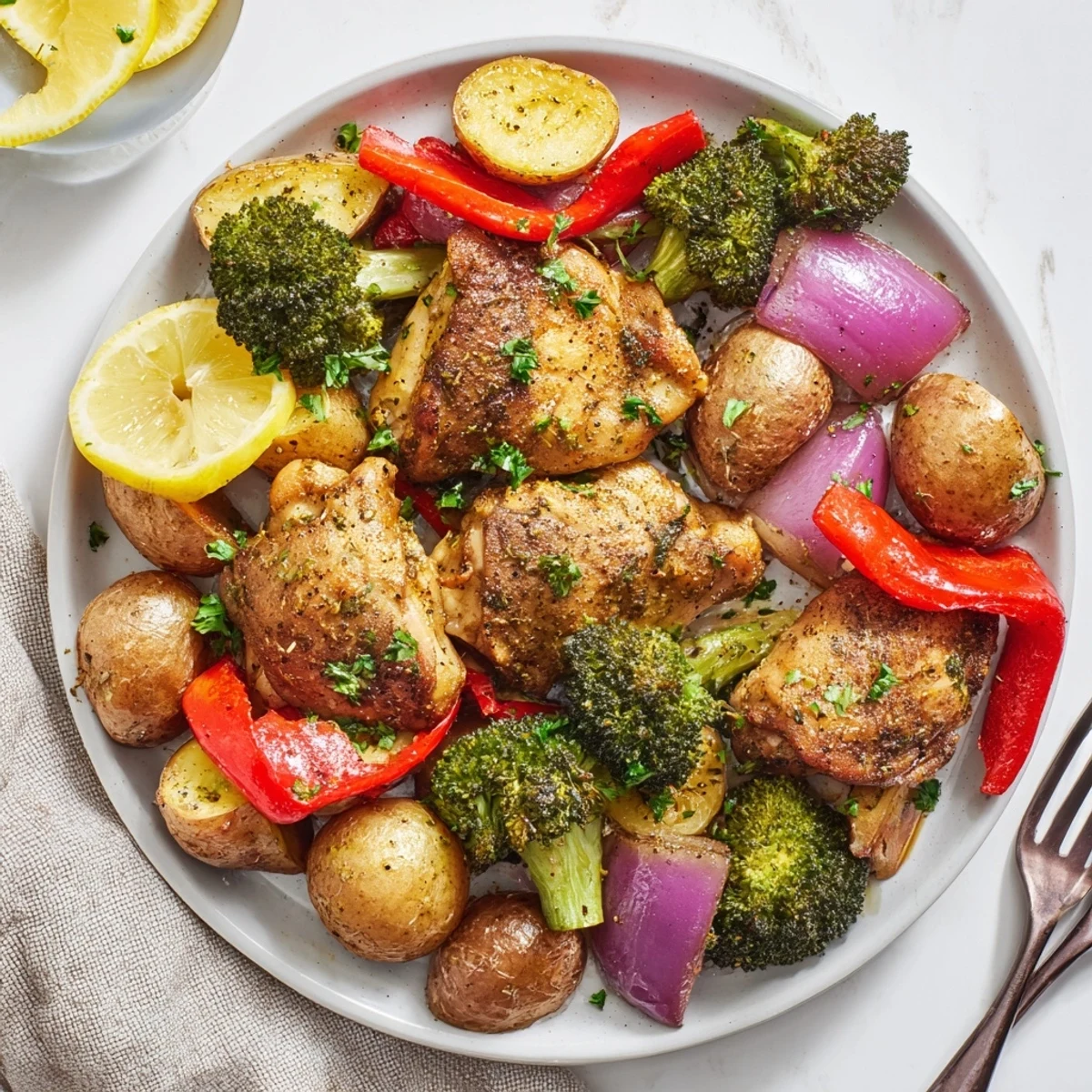Easy-to-make Lazy Gourmet Chicken & Vegetable One-Pot, beautifully golden with fresh parsley garnish.  