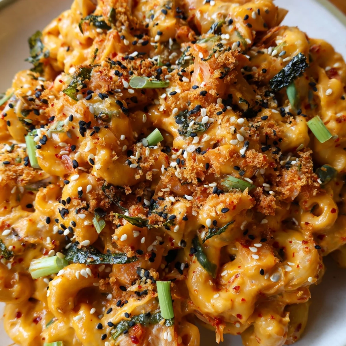 Decadent Spicy Kimchi Mac & Cheese, featuring melted cheeses with a bold kimchi kick.