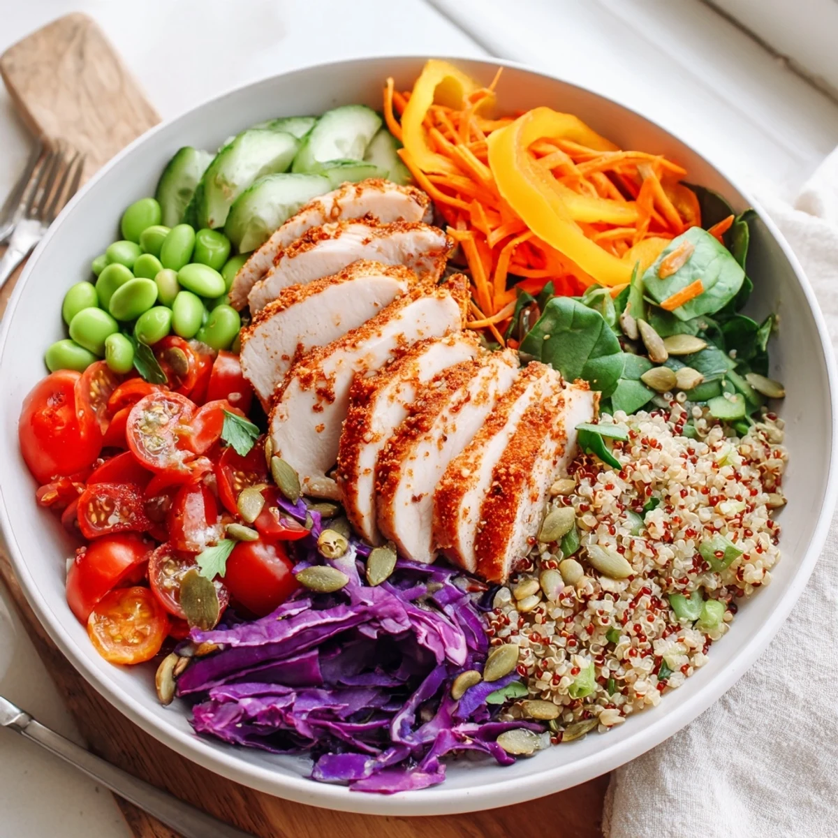 Vibrant Healthy Meal-Prep Bowls filled with colorful veggies and lean chicken slices.  