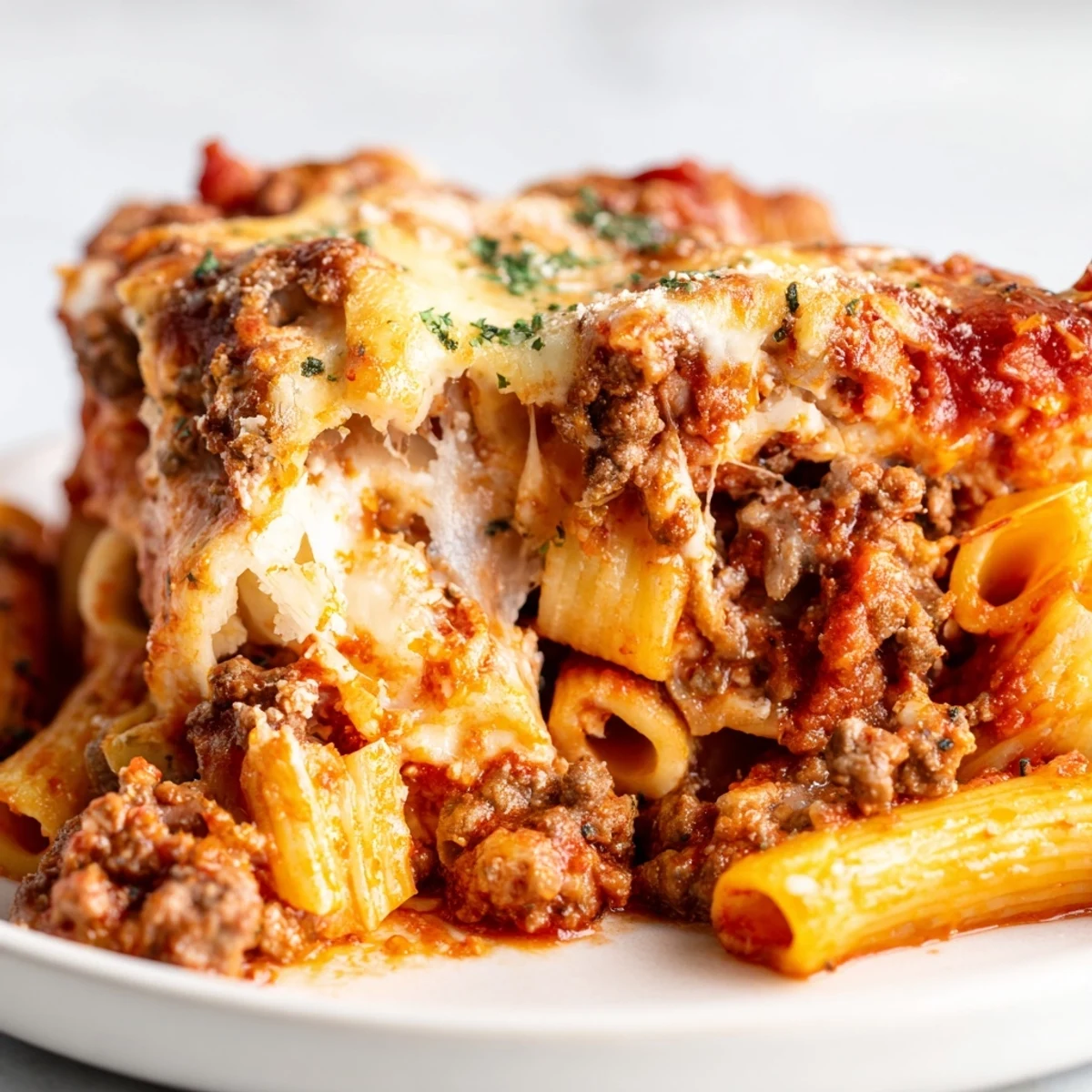 Baked Ziti with Meat Sauce topped with melted mozzarella, perfect for cozy family dinners.