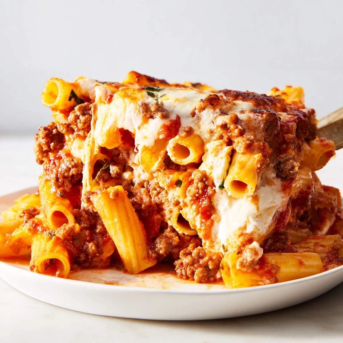 Delicious Baked Ziti with Meat Sauce served in a bubbling casserole dish, overflowing with cheese.