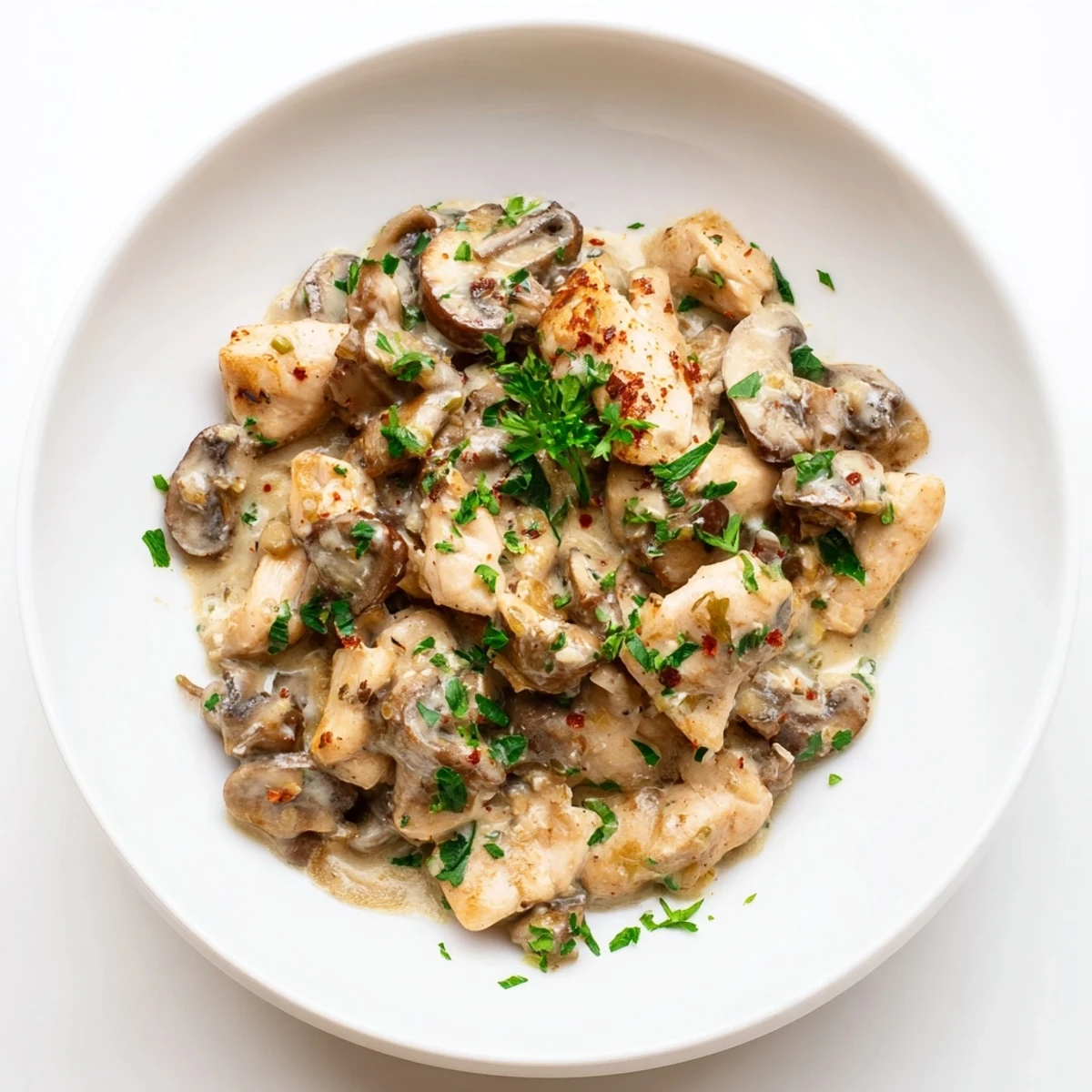 A steaming bowl of Creamy Chicken Stroganoff with tender chicken and mushrooms, garnished with parsley.