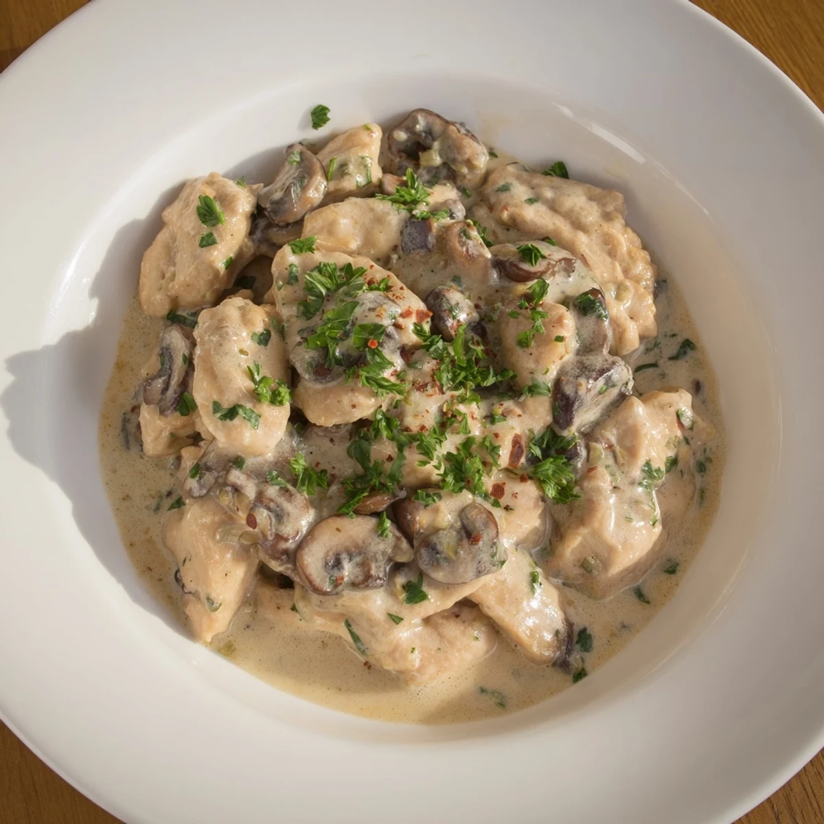 Golden-brown chicken strips swimming in a rich, creamy sauce of Creamy Chicken Stroganoff, ready to serve.