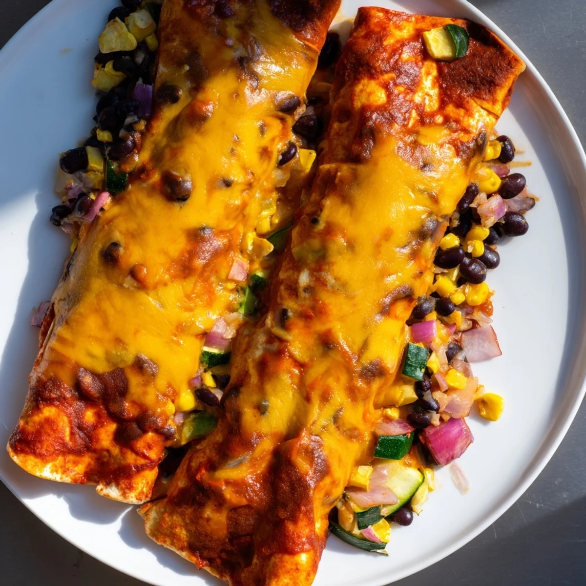 Farmers Market Vegetarian Enchiladas bubbling with cheese and a vibrant, flavorful vegetable filling; a perfect main dish.