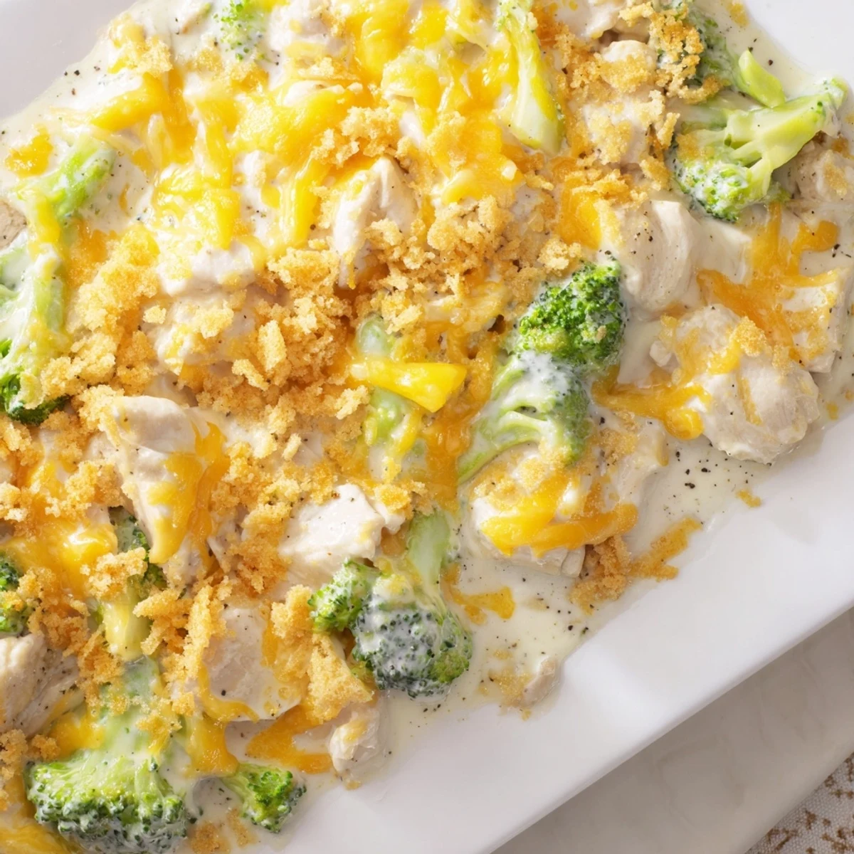 Golden-brown Chicken & Broccoli Cheddar Bake bubbling, with melted cheese and crunchy breadcrumbs on top.
