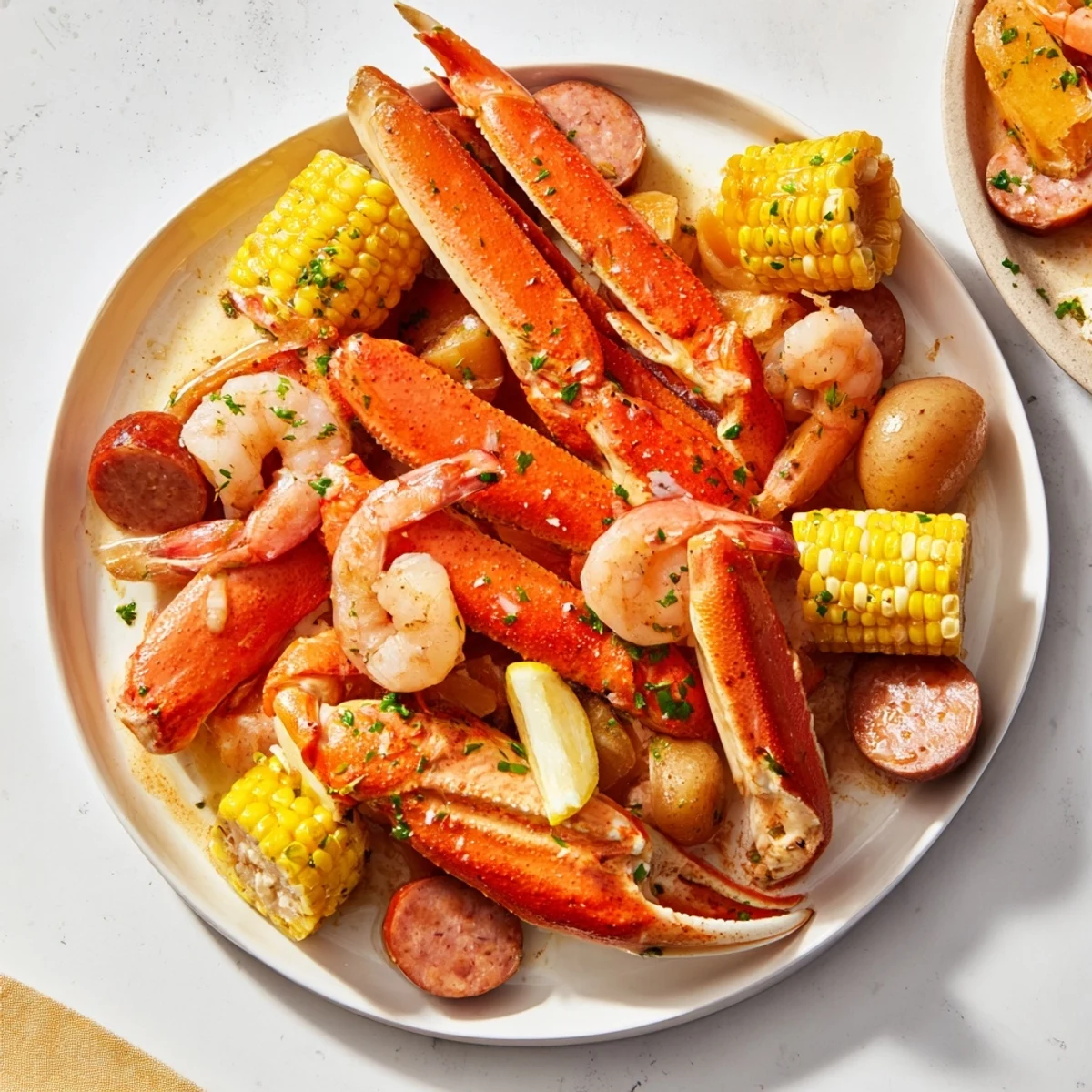 Steaming seafood boil with crab, shrimp, sausage, and corn ready for a delicious feast.