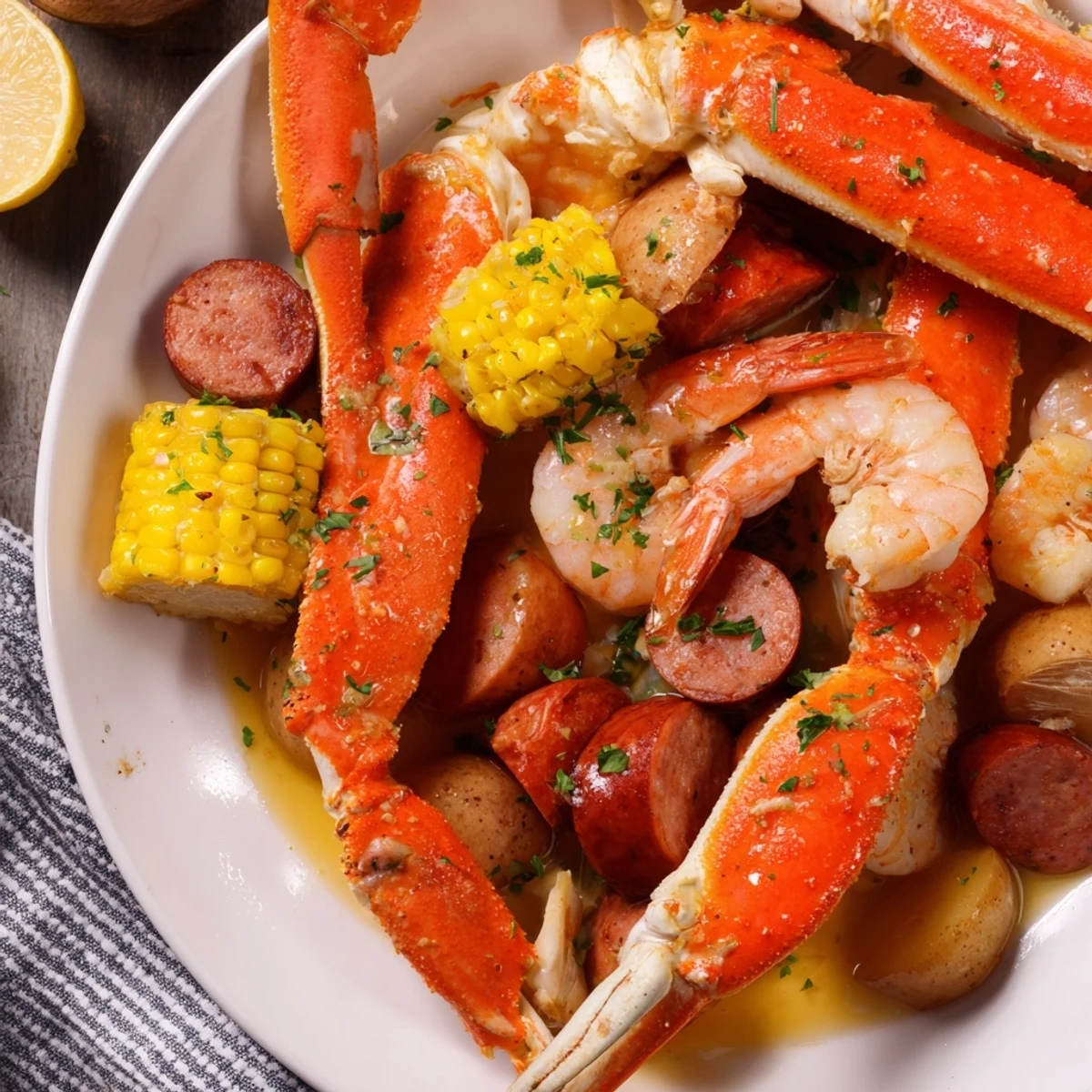 A vibrant Southern seafood boil, featuring crab legs, shrimp, sausage, and corn arranged on a platter.