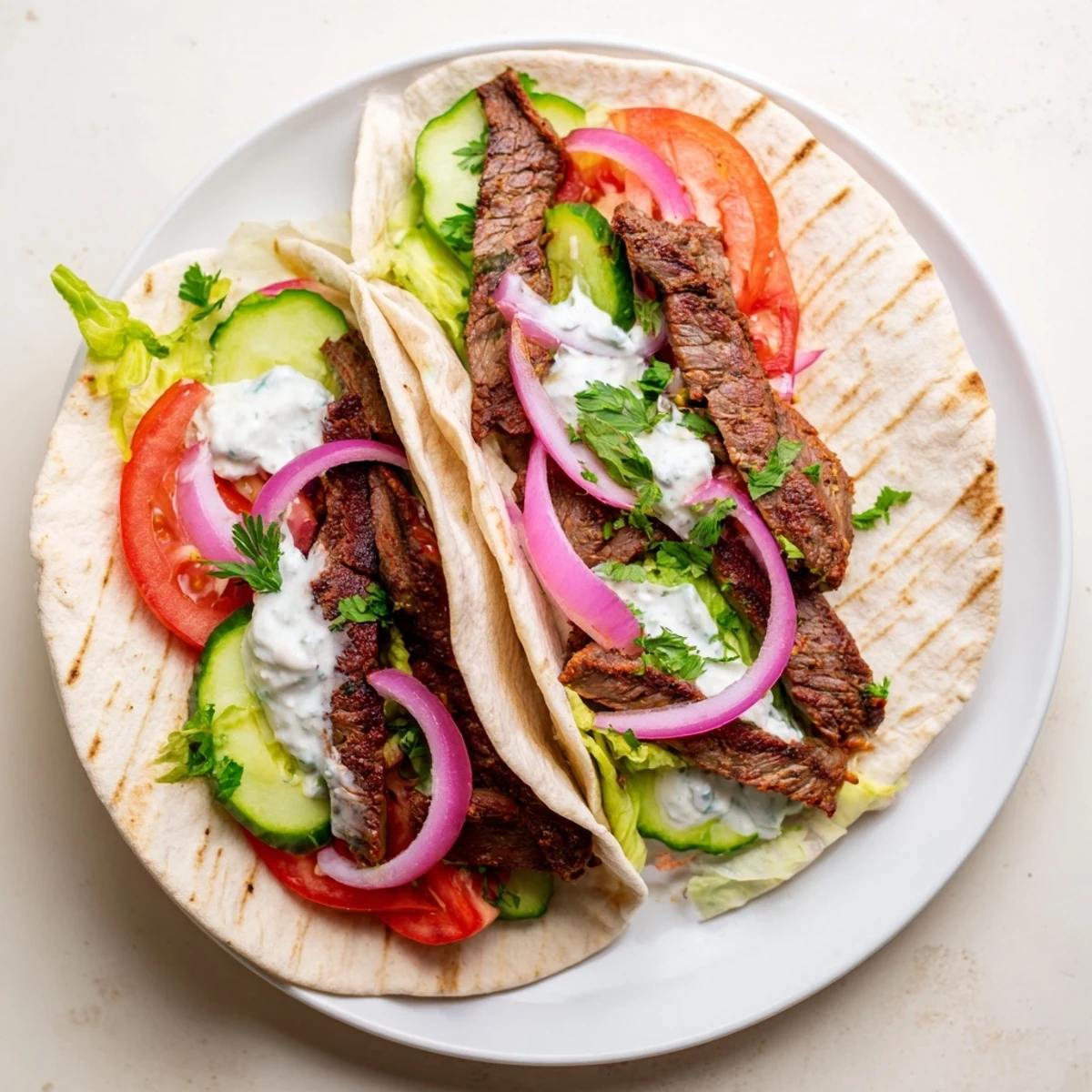 Warm flatbread filled generously with spiced beef shawarma and fresh, colorful vegetables.