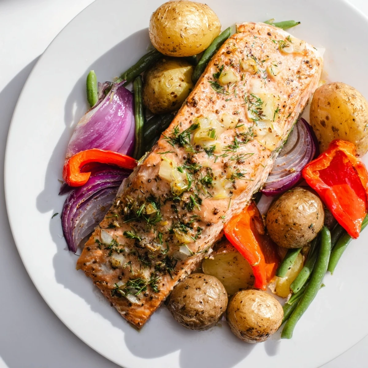 Golden-brown Lemon Herb Salmon & Potato sheet pan, ready to serve with fresh lemon wedges.