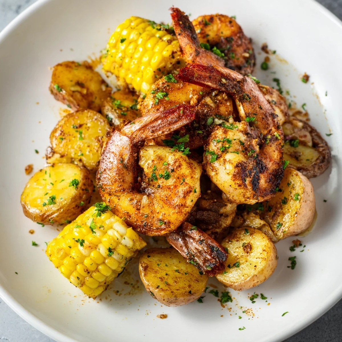 Savory platter of Cajun Shrimp & Sweet Corn, boasting juicy shrimp and golden corn on the cob.