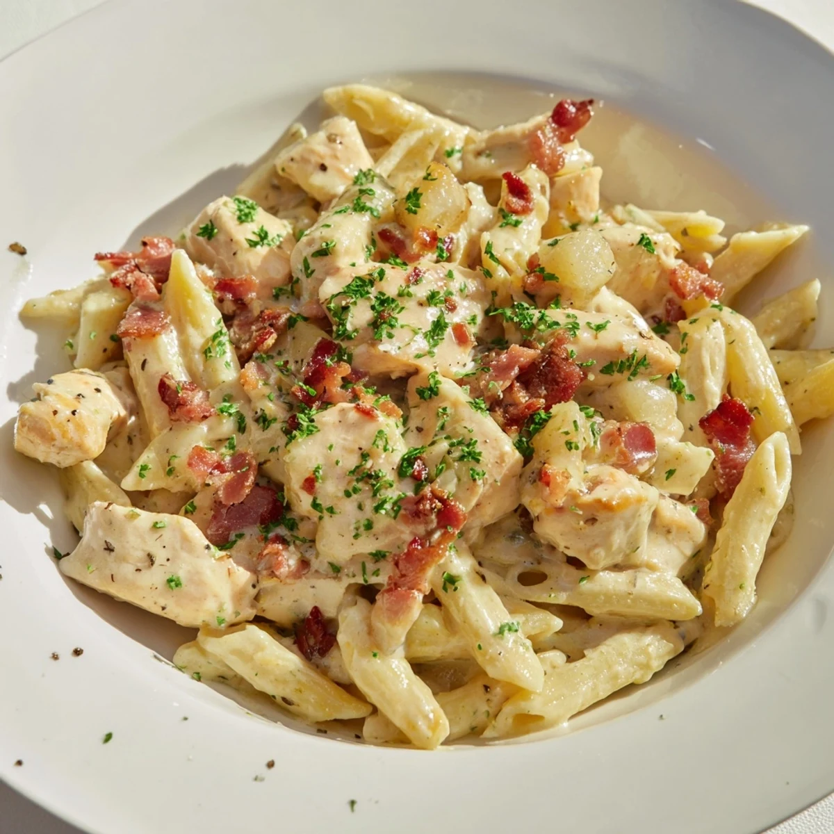 Ranch Chicken & Bacon Penne: Creamy pasta with chicken, crispy bacon, and a rich, homemade ranch sauce.