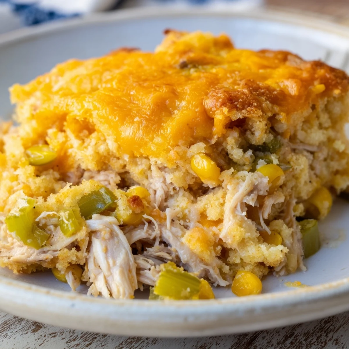 Golden brown Southern Cornbread Chicken Casserole, a hearty and flavorful American classic.