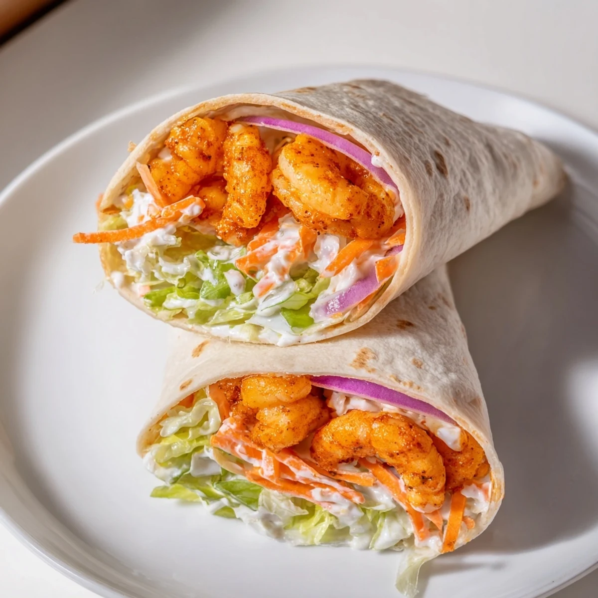 Golden-brown Buffalo Shrimp Wraps provide a flavorful and satisfying pescatarian appetizer or dinner.