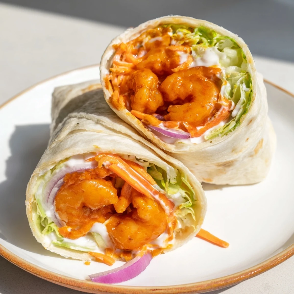 Freshly assembled Buffalo Shrimp Wraps, featuring spicy shrimp in an appetizing, close-up shot on a plate.