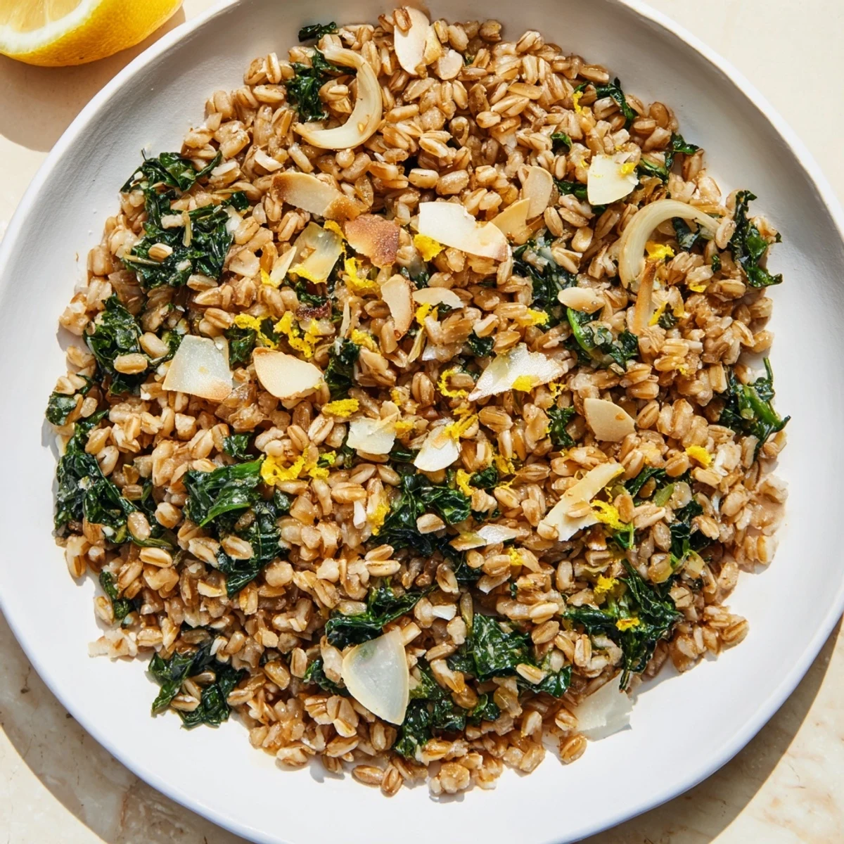 A vibrant close-up of the warm farro and greens pilaf showing tender greens and nutty farro under toasted almonds.