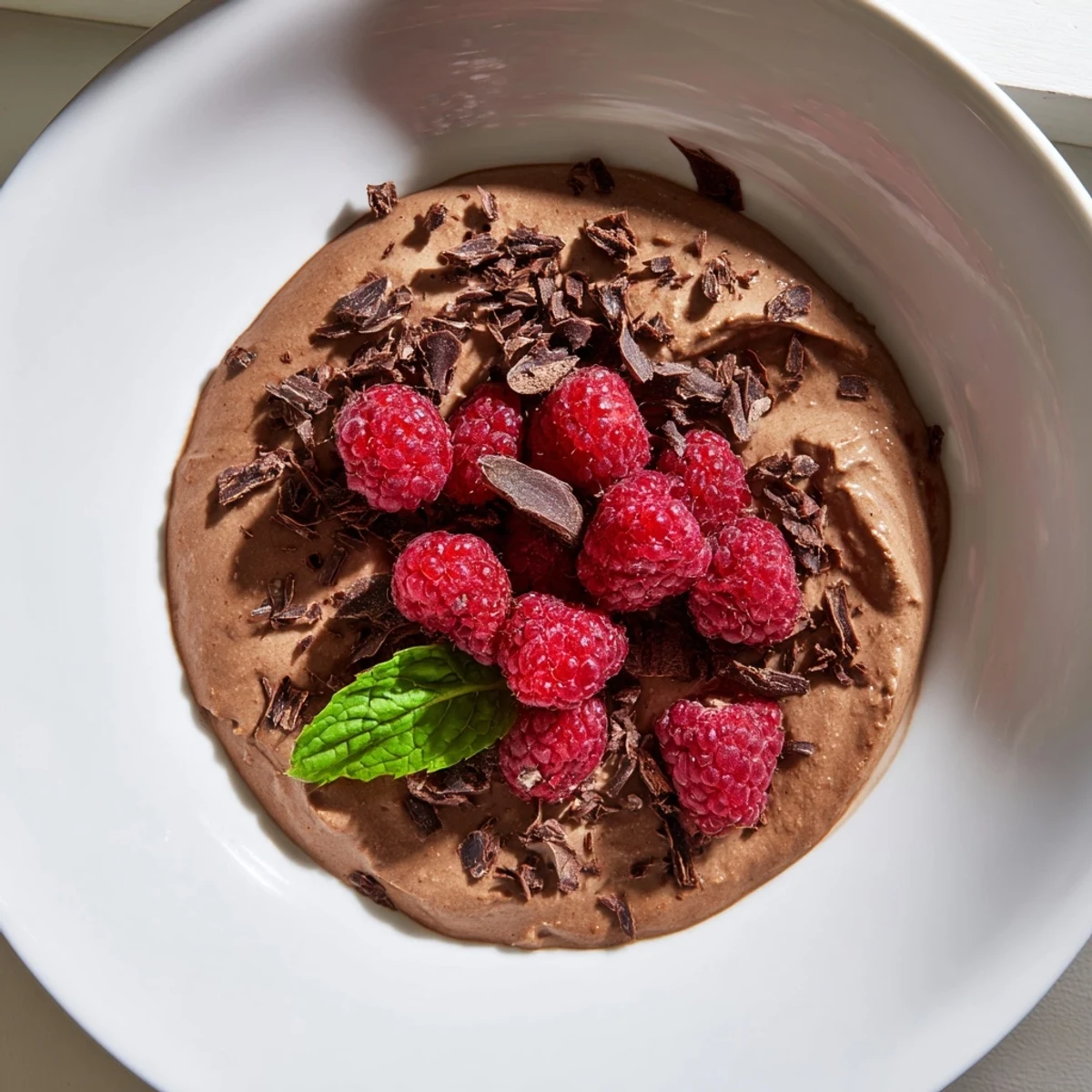 Silky avocado chocolate mousse topped with vibrant red raspberries, a delicious dessert.