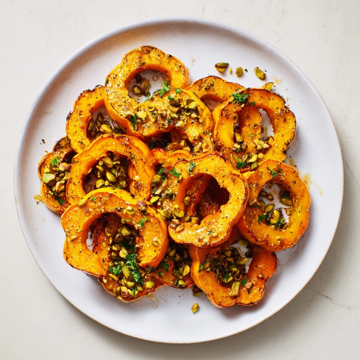 Golden Baked Delicata Squash Rings, glistening with maple, topped with pistachios—a lovely, savory side.