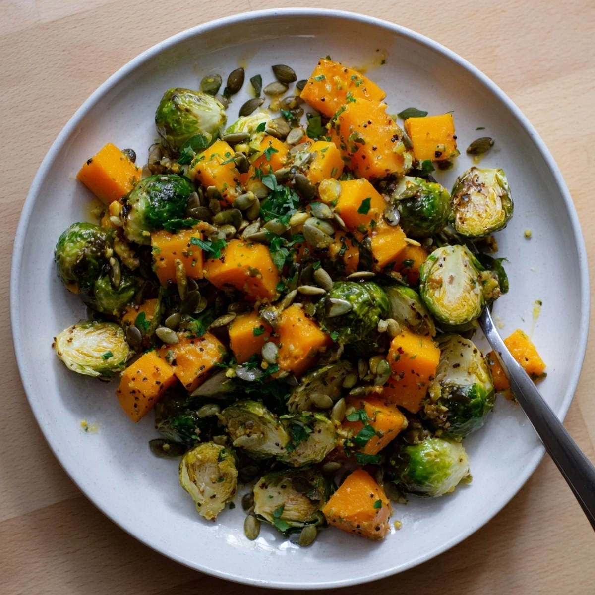 Golden, roasted Brussels sprouts and butternut squash with vibrant orange dressing; a visually appealing side dish.