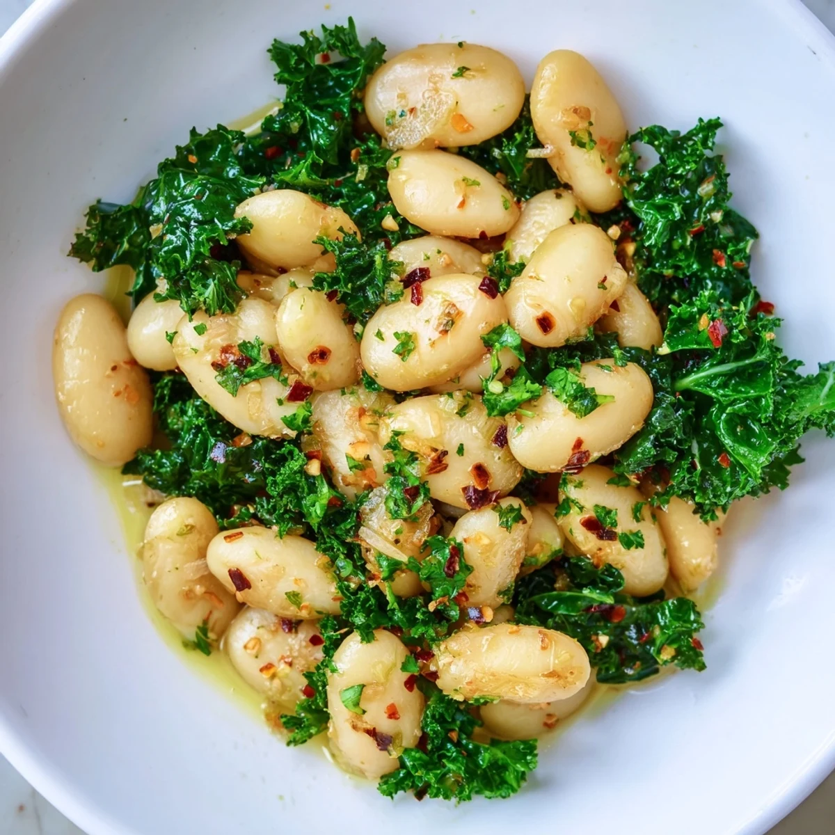 Steaming bowl of Garlicky Beans with Winter Greens, lemon zest brightens the flavorful, hearty bean dish.