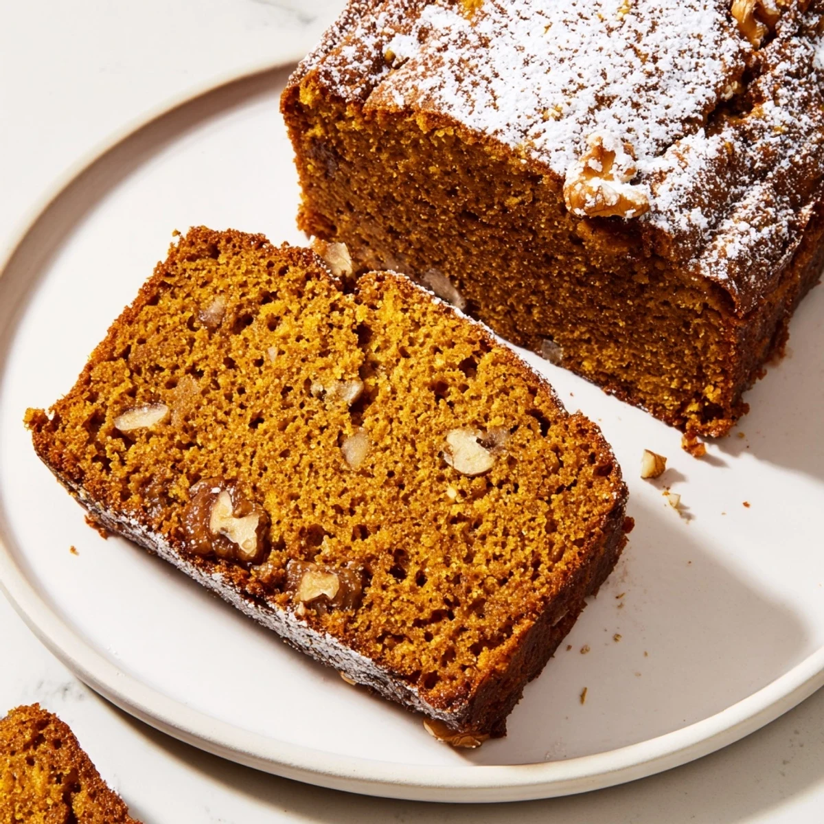 Golden-brown pumpkin bread loaf, sliced and ready to serve, perfect for a cozy fall treat.