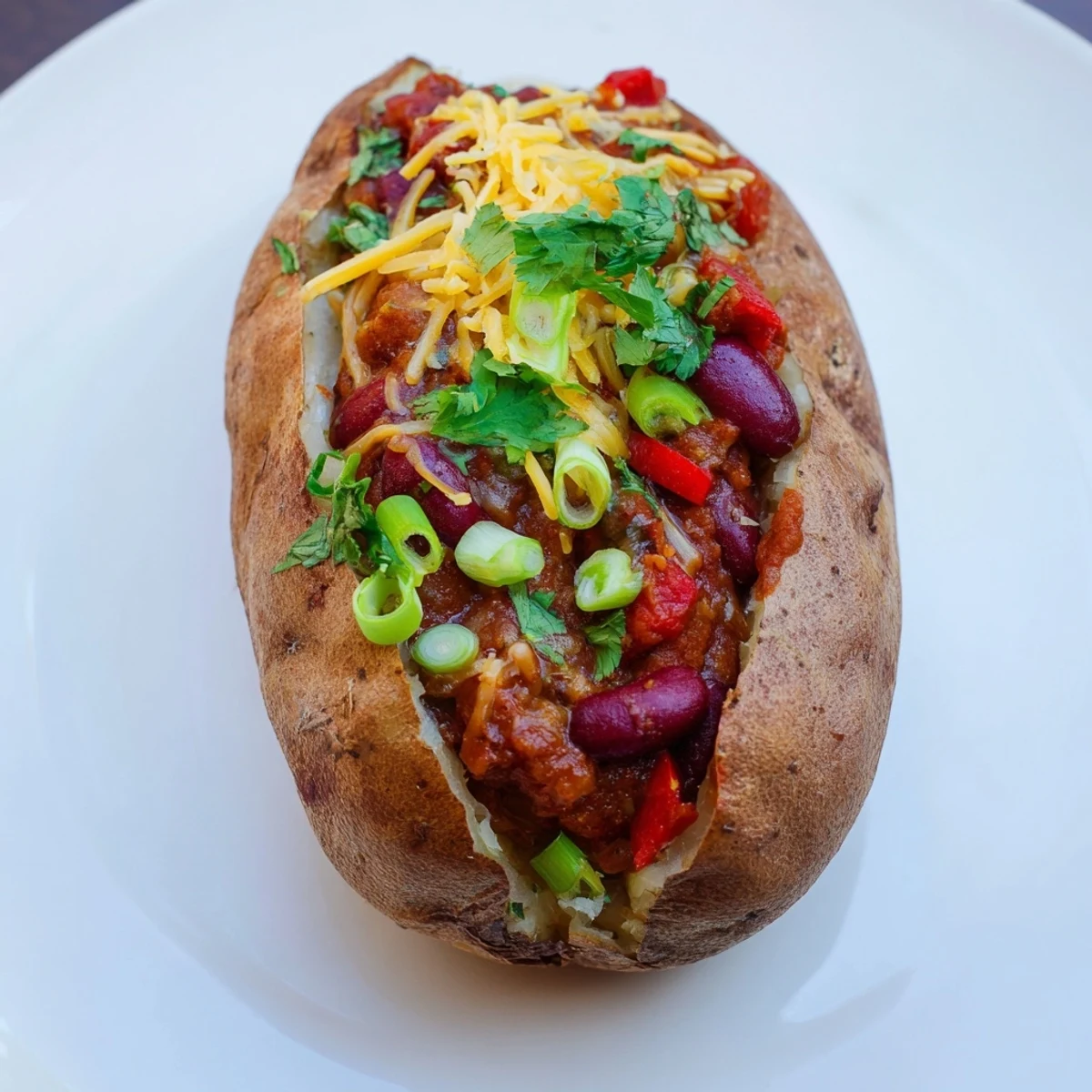 A close-up of Chili-Style Baked Potatoes overflowing with chili, cheese, and fresh green onions.