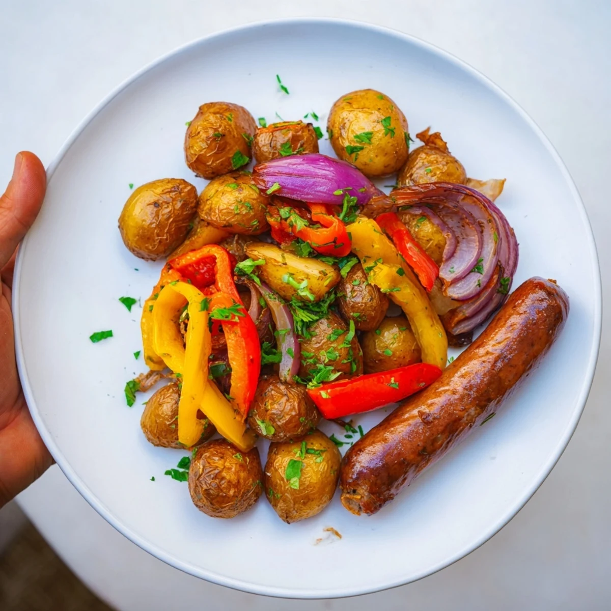 Sheet-Pan Sausage with Peppers and Potatoes, golden and sizzling, ready to serve with lemon.