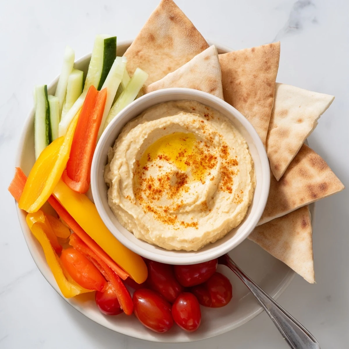 A vibrant platter: creamy DIY hummus, homemade pita bread, and fresh veggie sticks.