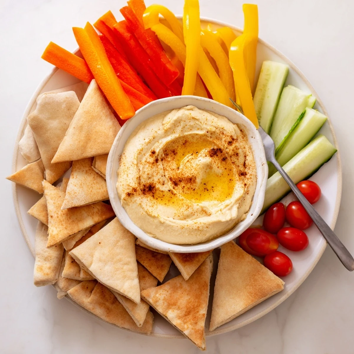 Close-up of a rustic dish: golden pita bread cradling the flavorful DIY hummus.