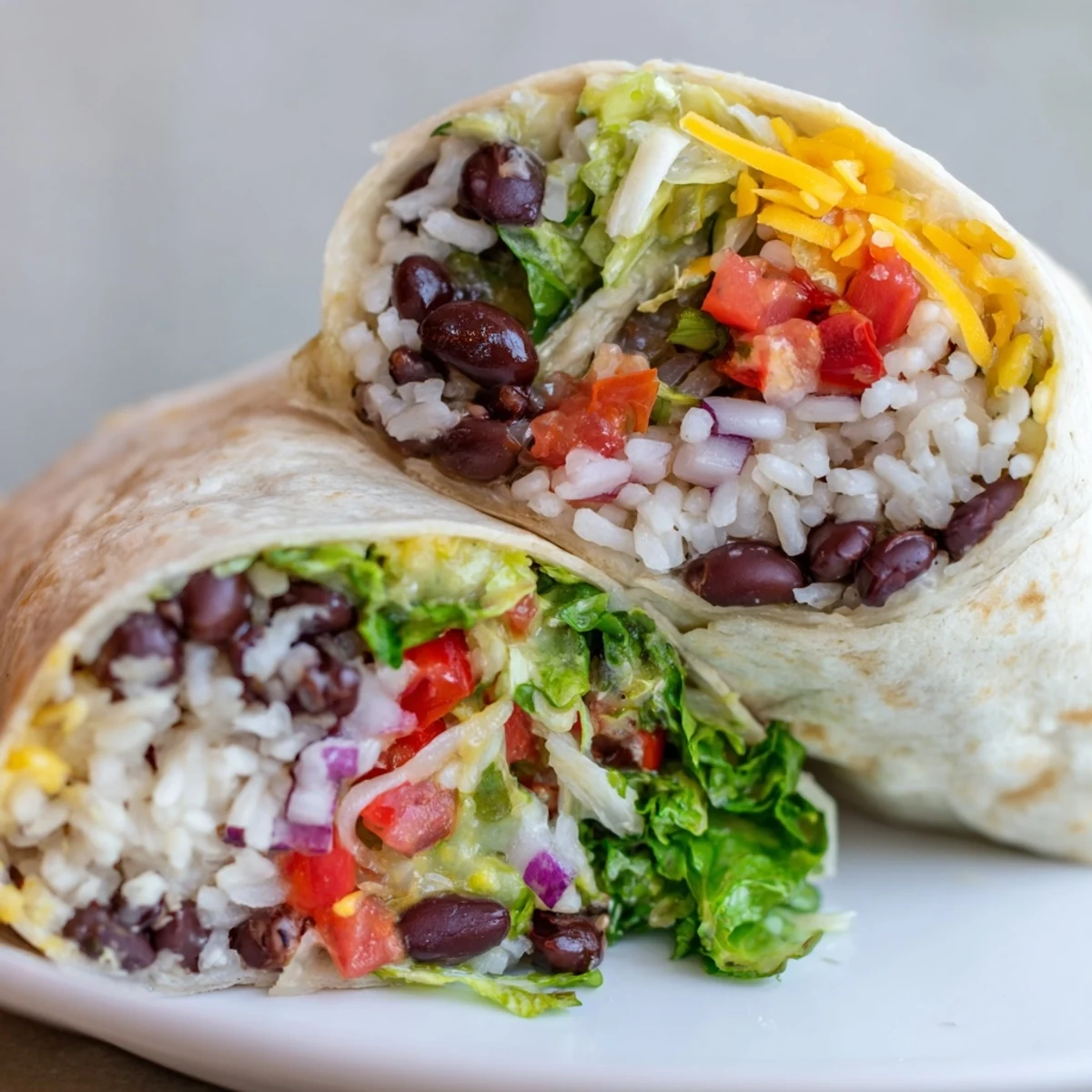 Steaming rice and beans are nestled inside a flavorful Rice & Bean Burrito, ready to be wrapped.