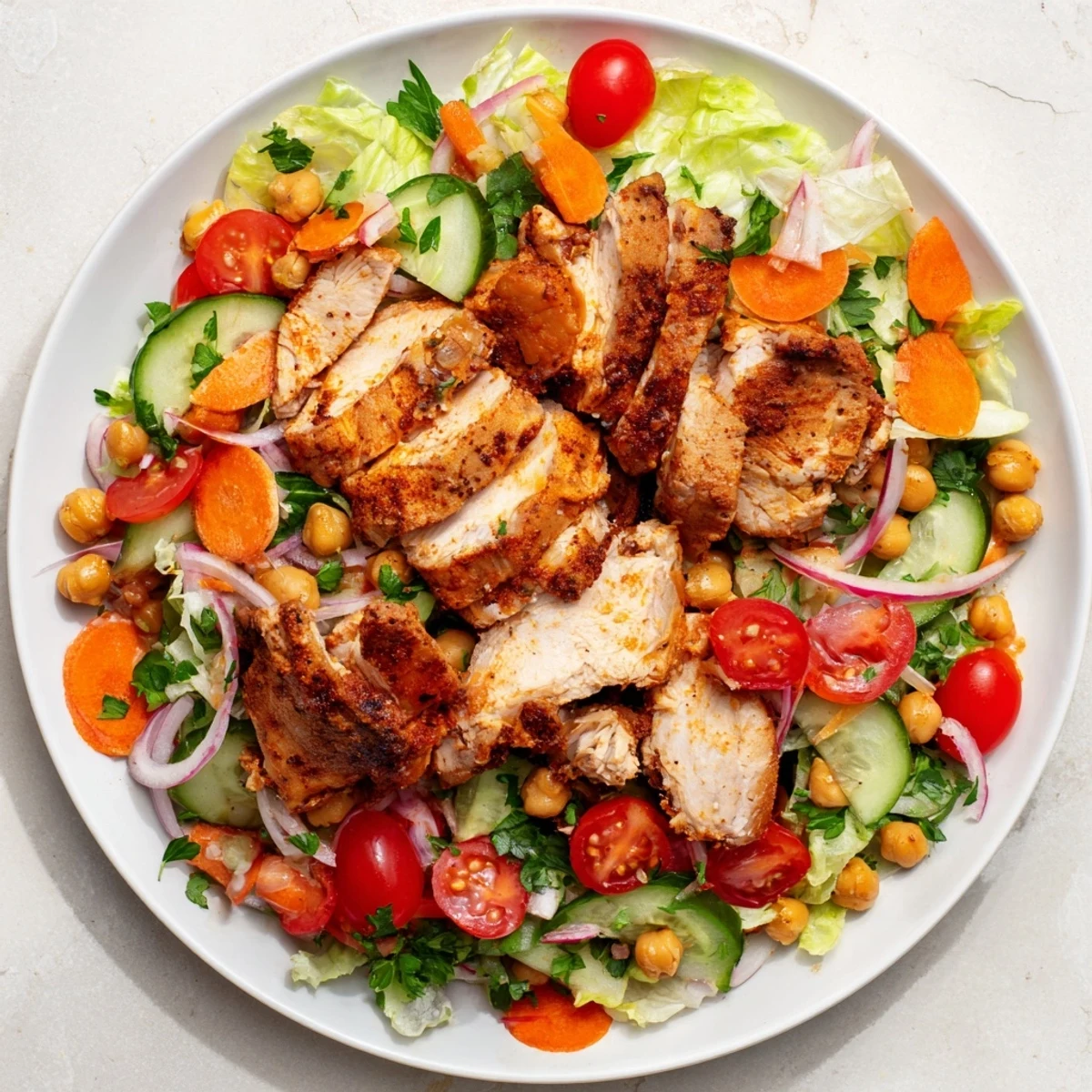 Hearty Chicken Salad with a lemon-herb dressing looks refreshing, showcasing colorful ingredients and textures.