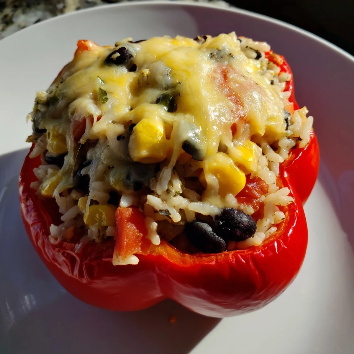 Golden-brown stuffed bell peppers, filled with savory rice and beans, ready for a delicious dinner.