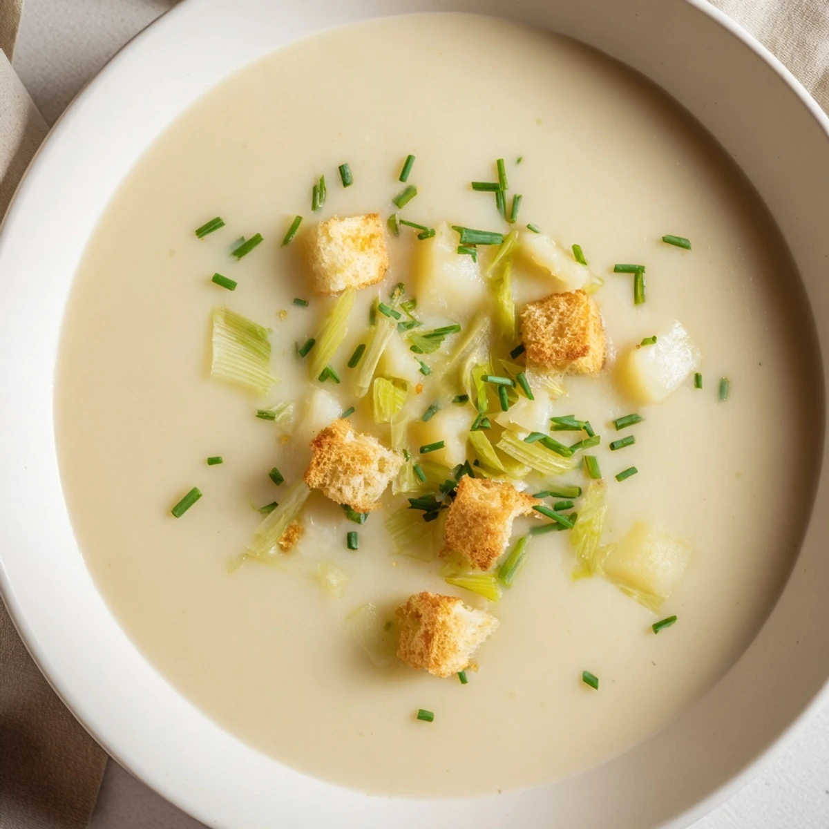 Golden-yellow potato leek soup, a comforting classic, ready for a cozy, delicious dinner.