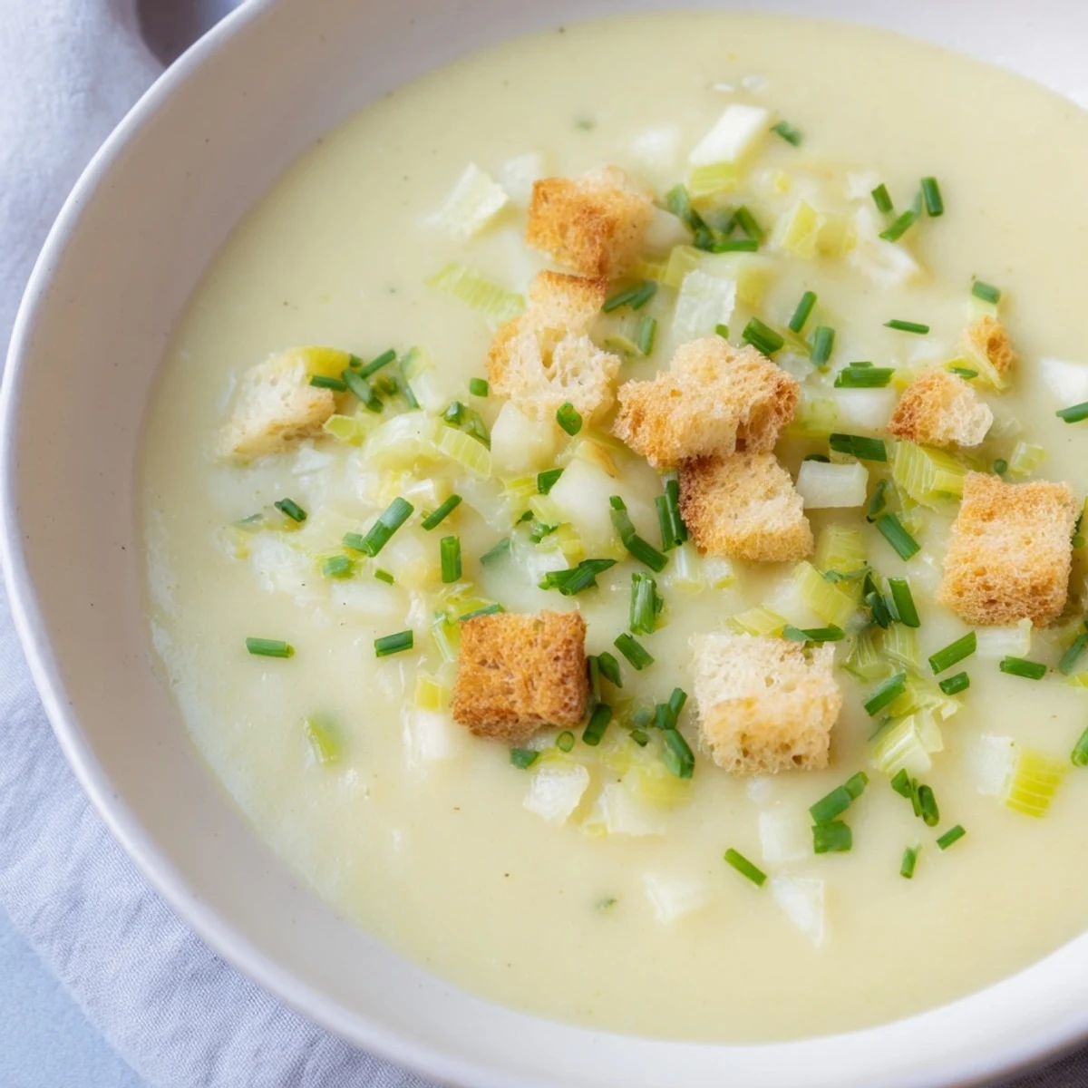 A warm bowl of creamy potato leek soup, garnished with fresh chives, ready to eat.