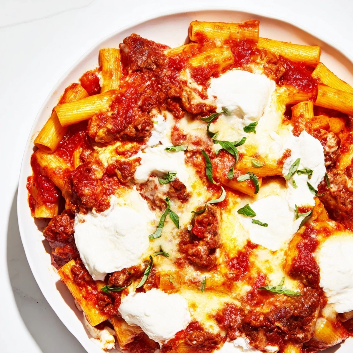 A bubbling, cheesy pan of One-Pan Baked Ziti, perfect for a hearty, family-style meal.
