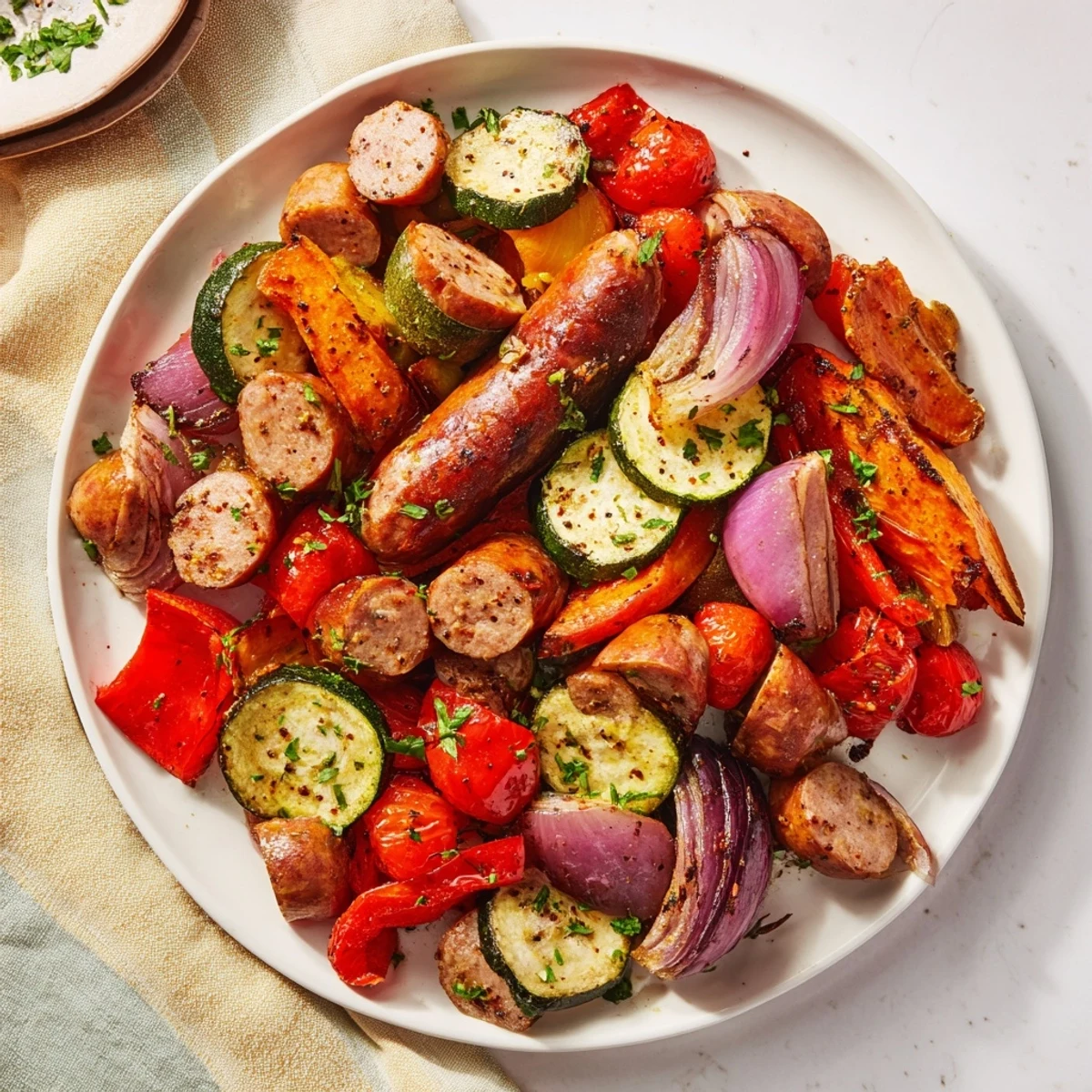 Freshly roasted sheet-pan veggies and sausage, offering a flavorful and healthy family meal option.