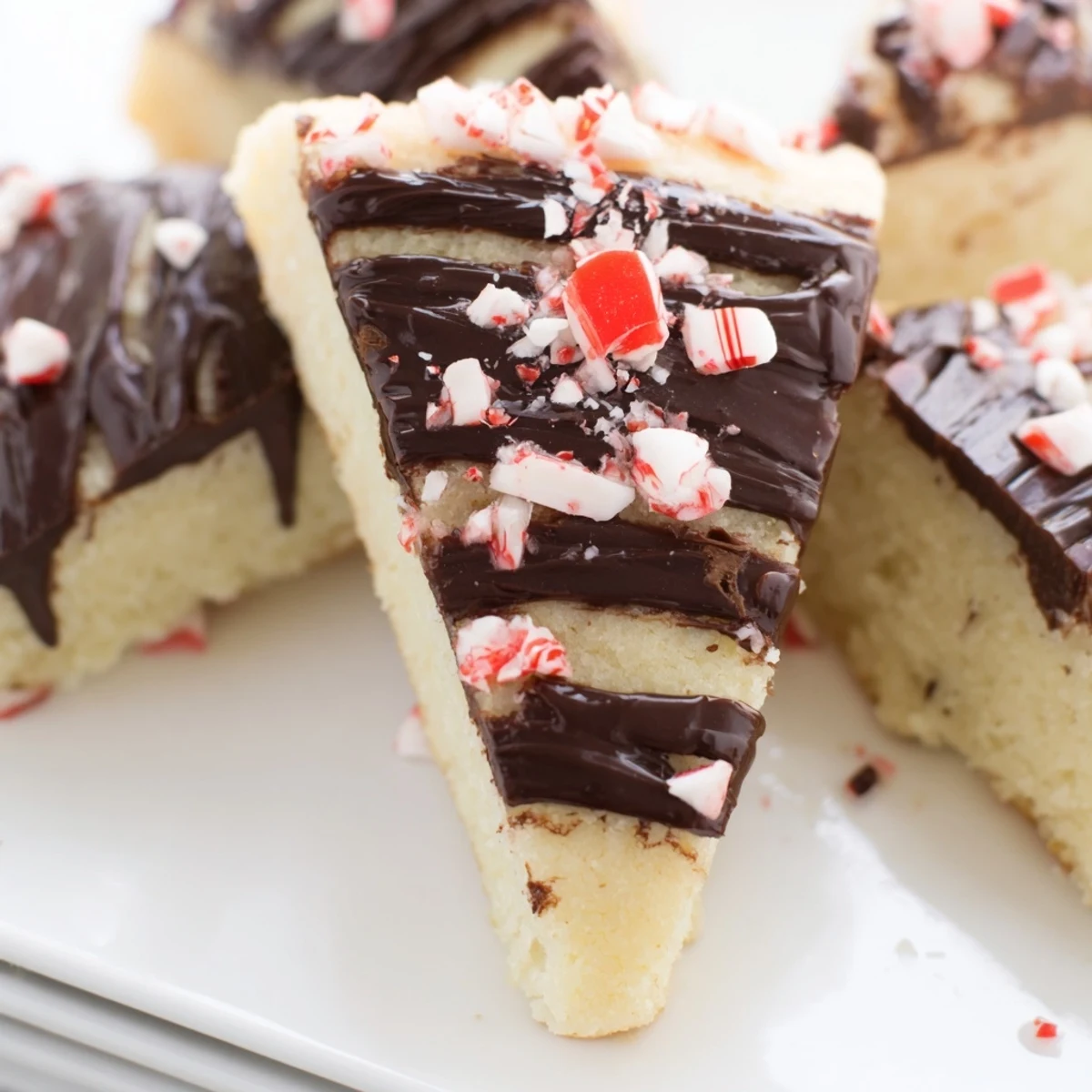 Golden-baked Chocolate Peppermint Shortbread Wedges, with crushed peppermint—a delicious holiday treat.