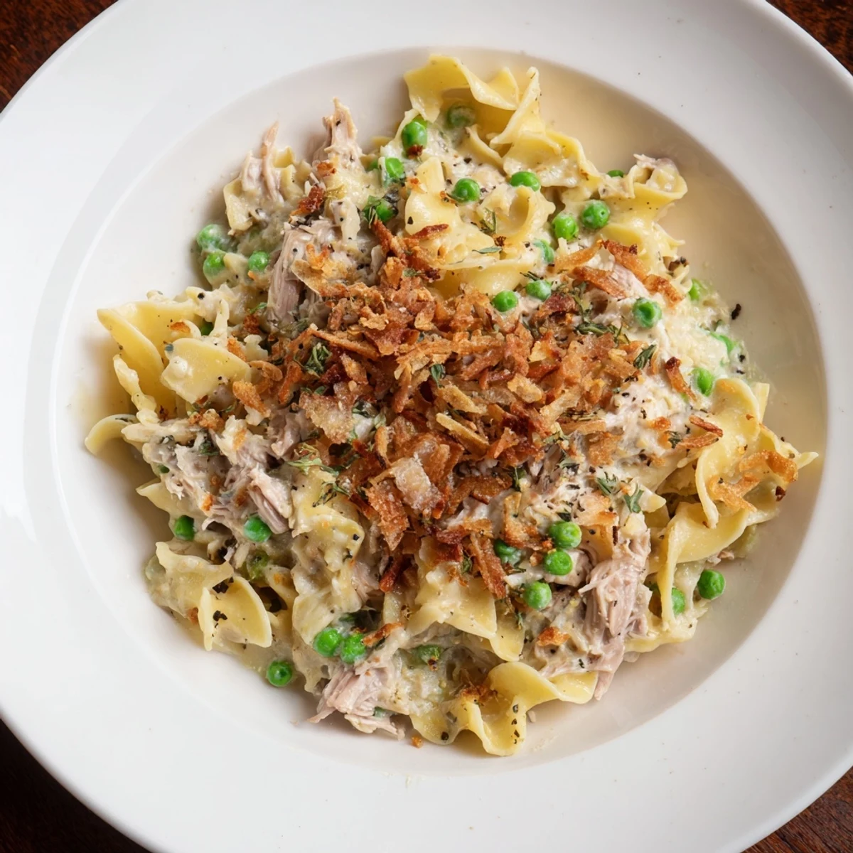 This image shows a freshly baked Tuna Noodle Casserole, topped with crispy onions, ready to serve!