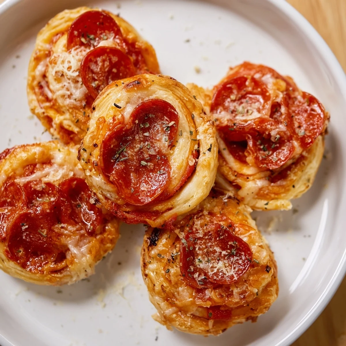 Golden, crispy Mini Pepperoni Pizza Pinwheels, a tasty appetizer filled with cheesy pepperoni goodness.