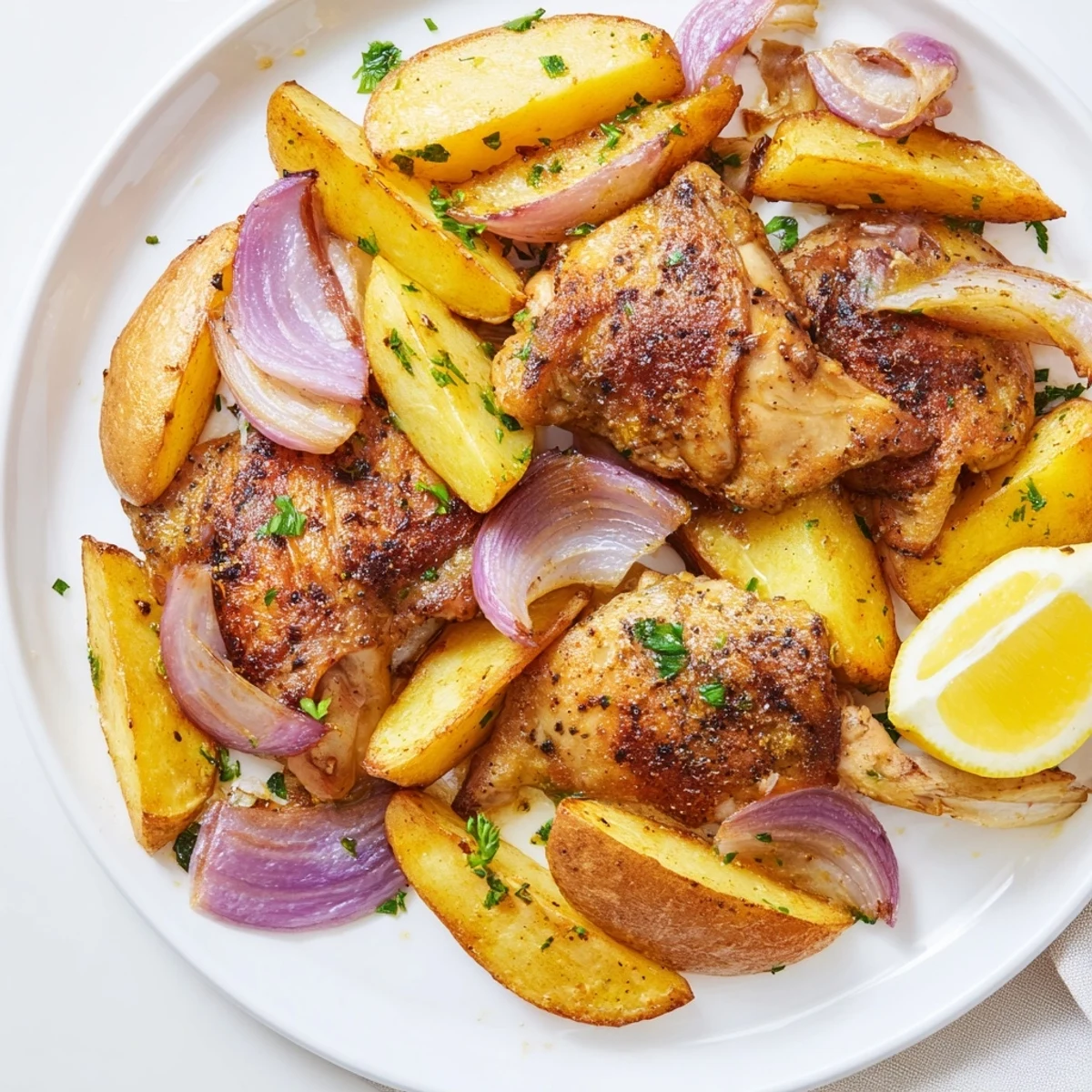 Golden, crispy Greek Lemon Chicken and Potatoes, perfectly roasted with herbs and lemon juice.