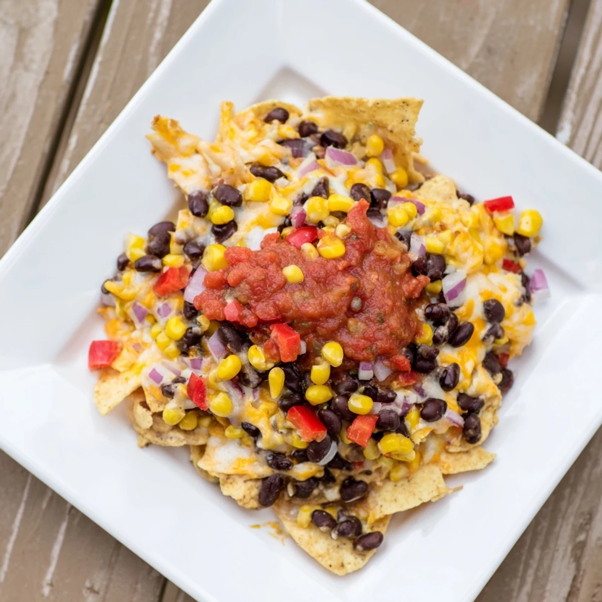 A close-up of a layered Quick Black Bean and Corn Tortilla Casserole with vibrant corn and peppers.