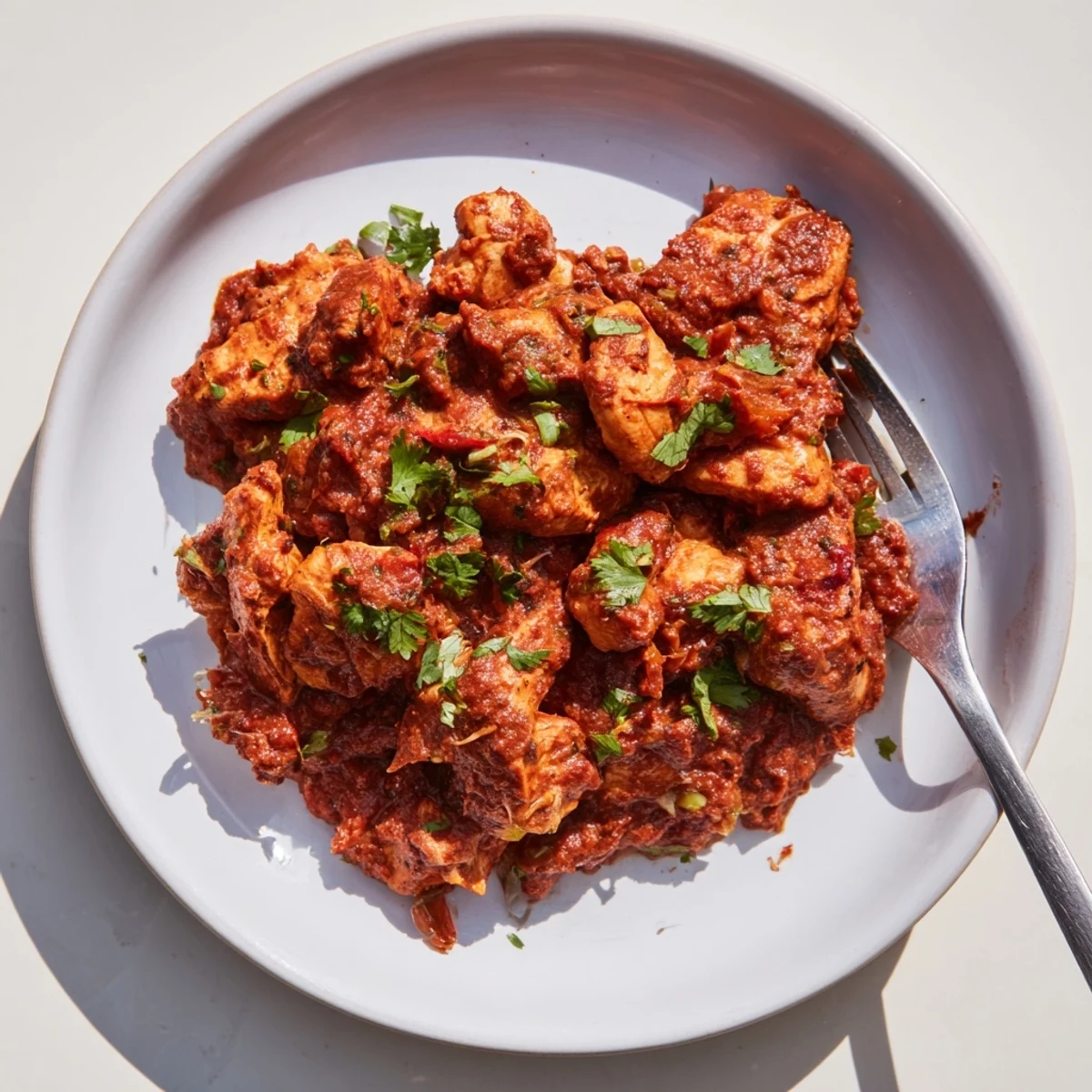 Close-up of a vibrant Instant Pot Chicken Tikka Masala, showcasing tender chicken in a rich, coconut-infused sauce.