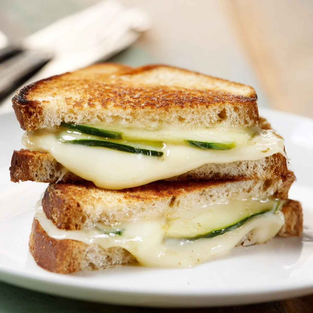 Mouthwatering close-up of a perfectly toasted Gooey Pickle Grilled Cheese, oozing with cheesy goodness.